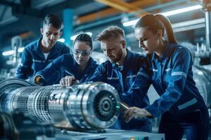 ai generado hembra ingenieros inspeccionando maquinaria en industrial planta con ai generado. foto