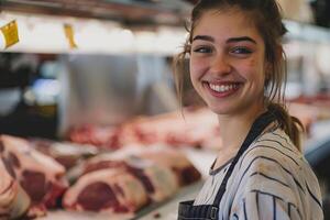 ai generado sonriente hembra Carnicero en frente de carne mostrar. foto