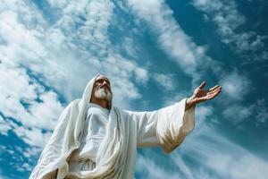 ai generado hombre retratar Jesús ofrecimiento mano en contra cielo con ai generado. foto