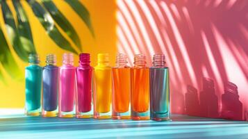 ai generado un sorprendentes imagen presentando sin marca uña polaco botellas en vibrante colores foto