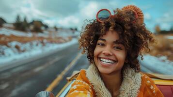 ai generado alegre la carretera viaje en invierno foto