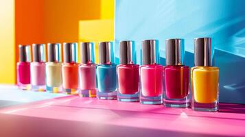 AI generated A striking image featuring unbranded nail polish bottles in vibrant colors photo