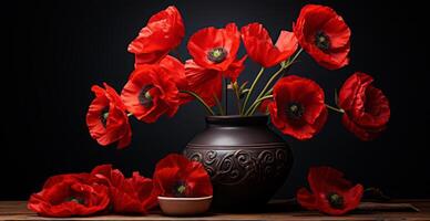 AI generated a vase with many red poppy flowers on the ground photo