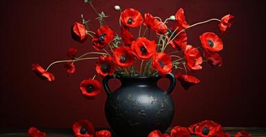 AI generated a vase with many red poppy flowers on the ground photo