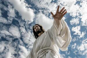 AI generated Man Portraying Jesus Offering Hand Against Sky with AI generated. photo