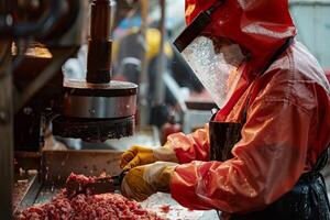 AI generated Butcher Preparing Minced Meat in Factory. photo