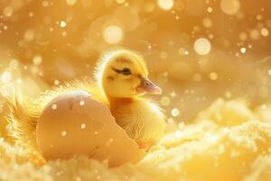 AI generated Newborn Duckling Emerging from Egg in Golden Light with AI generated. photo