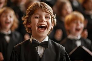 AI generated Joyful Boy Singing in Choir Performance. photo