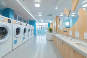 AI generated Modern Laundromat with Row of Washing Machines with AI generated. photo