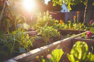 AI generated Sunlit Raised Garden Beds with Fresh Vegetables with AI generated. photo