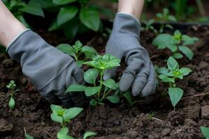 ai generado jardinero plantando joven albahaca en fértil suelo con ai generado. foto