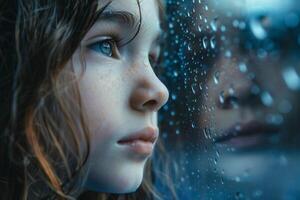 ai generado contemplativo joven niña mirando mediante lluvioso ventana. foto