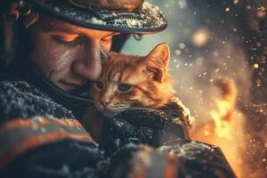 AI generated Firefighter Comforting a Cat Amidst Sparks with AI generated. photo