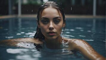 ai generado retrato de un bonito niña en el piscina, mojado retrato, mojado gir en el piscina, mujer es nadando en el piscina foto