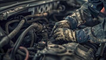 ai generado auto mecánico trabajando en taller, cerca arriba un coche mecánico reparando coche motor, Servicio trabajador a el trabajo foto