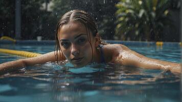 ai generado retrato de un bonito niña en el piscina, mojado retrato, mojado gir en el piscina, mujer es nadando en el piscina foto