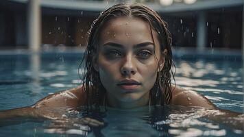 AI generated portrait of a pretty girl in the pool, wet portrait, wet gir in the pool, woman is swimming in the pool photo