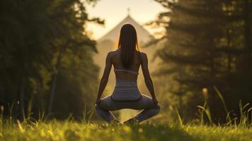 ai generado bonito joven mujer haciendo yoga en el naturaleza, yoga hora en el naturaleza, mujer relajante en el naturaleza, bonito mujer haciendo yoga ejercicio foto