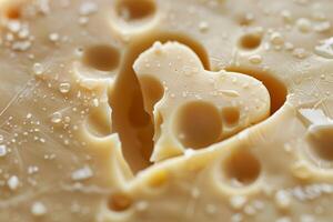 AI generated Heart Shape in Swiss Cheese Close-up. photo