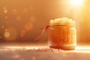 AI generated Golden Bath Salt Jar in Sunlit Ambiance with AI generated. photo