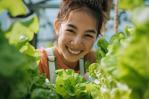 AI generated Happy Young Woman Admiring Plants in Indoor Garden with AI generated. photo