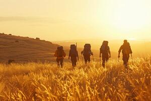 ai generado grupo excursionismo mediante dorado trigo campo a puesta de sol. foto