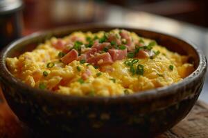 AI generated Scrambled Eggs with Ham and Herbs in Bowl. photo