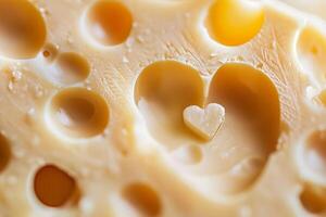 AI generated Heart Shape in Swiss Cheese Close-up. photo