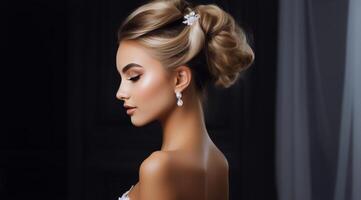 AI generated Bridal Updo Hairstyle with Elegant Lace Dress photo