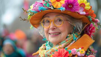 ai generado mujer vistiendo sombrero con flores foto