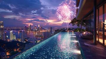 AI generated City Night View From Pool photo