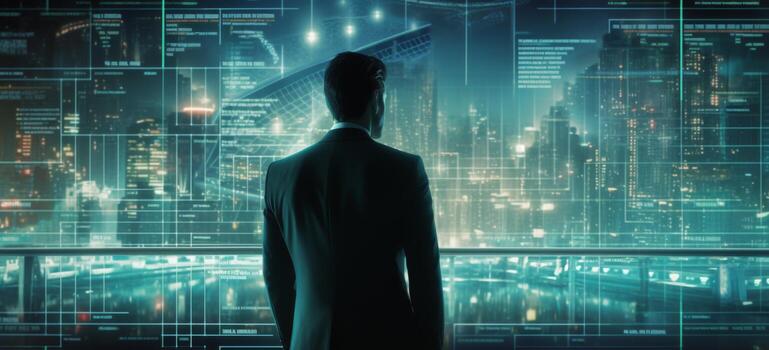 AI generated a man is dressed in a suit and tie as he looks down at the security codes photo