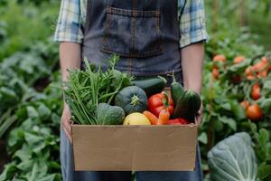 AI generated Organic Vegetables Harvest in Wooden Crate with AI generated. photo