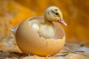 AI generated Newborn Duckling Emerging from Egg in Golden Light with AI generated. photo