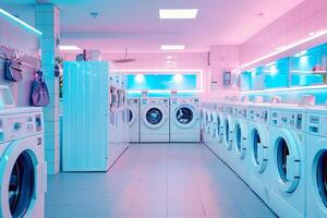 AI generated Modern Laundromat with Row of Washing Machines with AI generated. photo