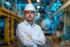 AI generated Confident Engineer Standing in Industrial Facility with AI generated. photo