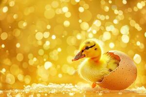 AI generated Newborn Duckling Emerging from Egg in Golden Light with AI generated. photo