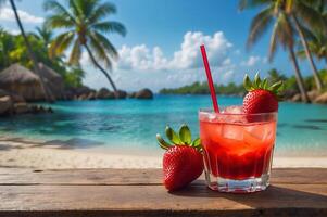 AI generated A strawberry daiquiri cocktail drink on a wooden table overlooking a tropical lagoon. photo