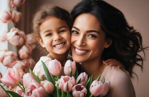 ai generado un mujer y niño en pie cerca a cada otro con un ramo de flores de tulipanes foto