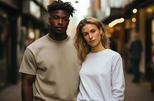 ai generado un hombre y mujer posando en frente de un calle, en el estilo de suave tonal rango foto