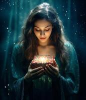 AI generated Mystical Woman Holding a Glowing Gift Box photo