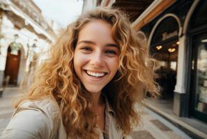 AI generated a tourist young person taking a selfie in the centre photo