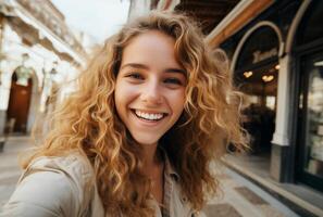 ai generado un turista joven persona tomando un selfie en el centrar foto