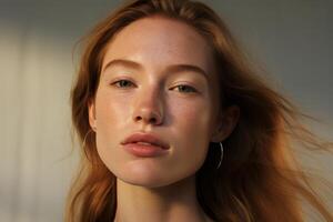 AI generated A minimalist beauty shot focusing on natural features, with soft lighting and minimal makeup, showcasing the model's natural beauty photo