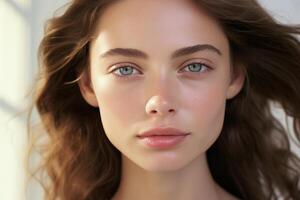 AI generated A minimalist beauty shot focusing on natural features, with soft lighting and minimal makeup, showcasing the model's natural beauty photo