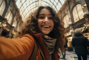 AI generated a tourist young person taking a selfie in the centre photo