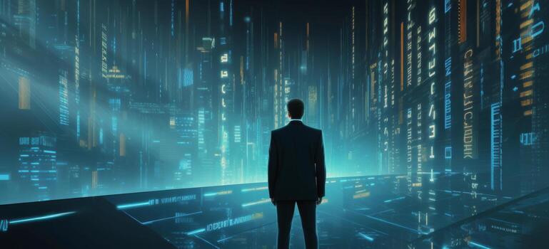 AI generated a man is dressed in a suit and tie as he looks down at the security codes photo