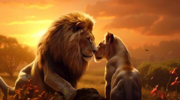 AI generated african lions and lions in love on sun set photo