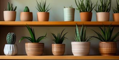 ai generado áloe plantas en un maceta en un de madera estante foto