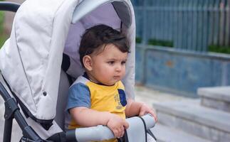 bebé chico en paseante en el jardín foto